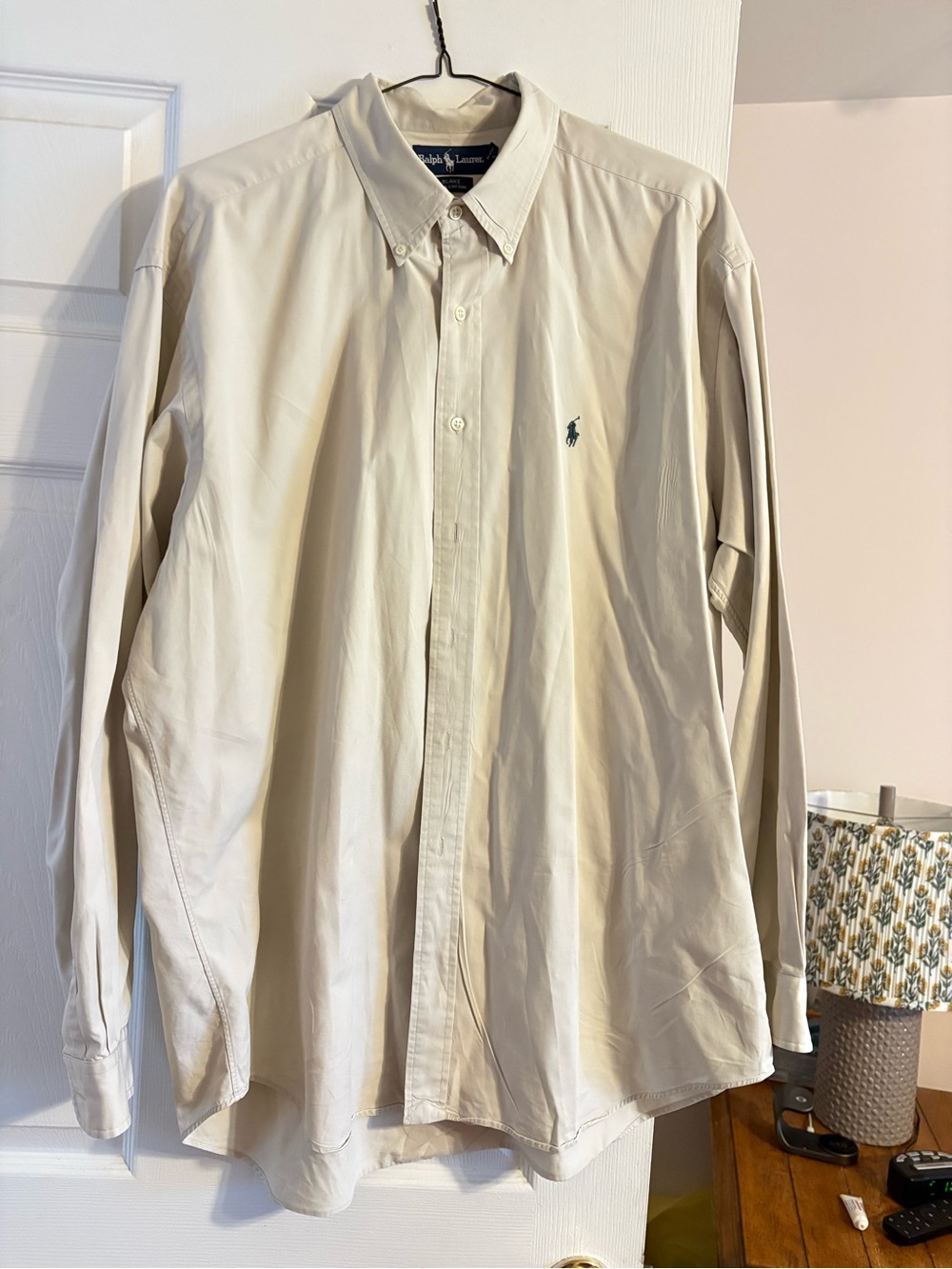 Ralph Lauren Long-Sleeve Button-Down Shirt in Cream with Navy Pony